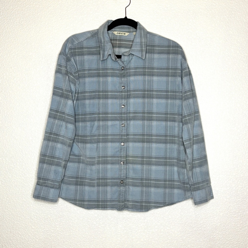Orvis Women's Shirt Flannel Plaid Long Sleeve Button Up Size S Blue Grey Casual‎